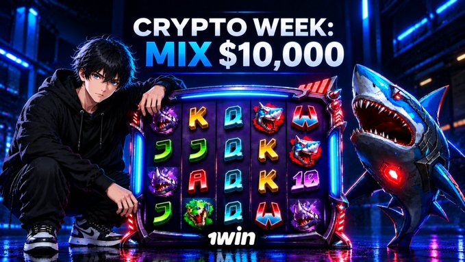 A 1win promotional banner for Crypto Week featuring "CRYPTO WEEK: MIX $10,000" alongside an anime-style character and a robotic shark next to a slot machine. The image directly visualizes the post's announcement of 1win's $10,000 Crypto Mix tournament prize pool with bold text highlighting the prize amount.
