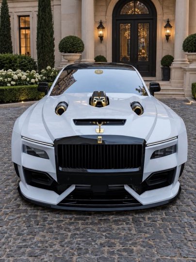 A front-view photograph of a white and black Rolls-Royce luxury coupe parked on a cobblestone driveway in front of an ornate mansion with classical architecture.