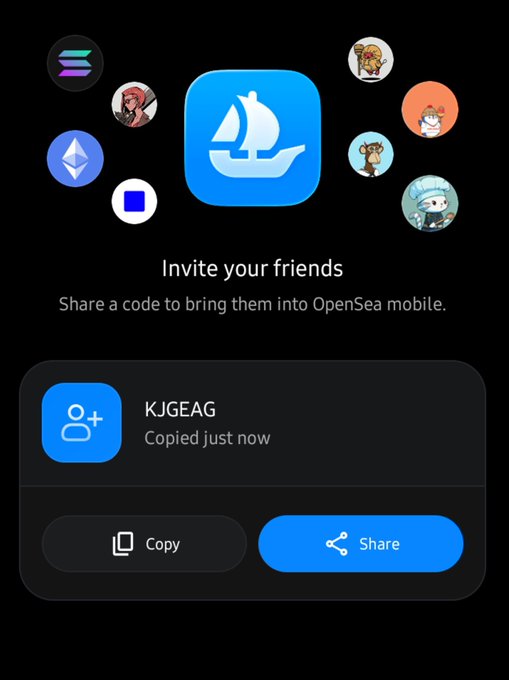 An OpenSea mobile app invite screen displaying a referral code 'KJGEAG' with Copy and Share buttons, surrounded by various NFT character icons.