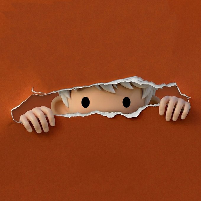 The image features a cartoon boy peeking out from behind a torn piece of paper, with his hands visible through the hole. The background color of the image is orange, which contrasts with the white face of the cartoon character. The caption below the image reads "A new PFP collection is arriving on Ethereum. On June 
27th, **333 @P0RTR8T ** officially goes live, offering collectors a chance to mint early and join the community from the very beginning".