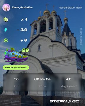 Screenshot from the STEPN GO app showing user 'Elena_PashaEva' with 1.6 km walked in 00:24:04, displaying stats for shoes labeled 'WALKER #105004627' with level 29.