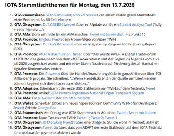 A list of 15 'IOTA Stammsthemen' (main themes) for Monday 13.7.2026, including IOTA Community D/ACH tweet, SLT GREEN tweet, AMA with Screenshot, Promotion, Adoption, and ecosystem partnership topics.