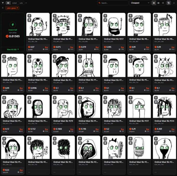 The image shows an NFT marketplace listing page (OpenSea) featuring numerous "Ordinal Maxi Biz" collectibles, priced between 0.07 and 0.53 ETH, with green dollar-sign eyes glowing in each portrait—matching the post's reference to "eyes will be a status symbol." The post highlights the rarity of these assets ("only 102" and "only 99" remaining) and warns of an imminent "10x repricing" for this PoW-related collection.