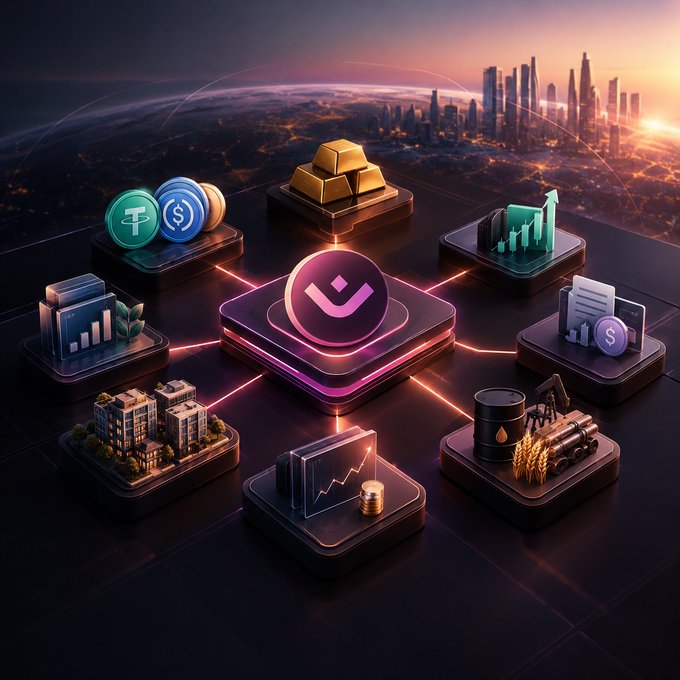 A stylized 3D render of a fintech/DeFi ecosystem showing interconnected platforms including crypto, gold, real estate, oil, charts, and analytics icons with a glowing city skyline at sunset.