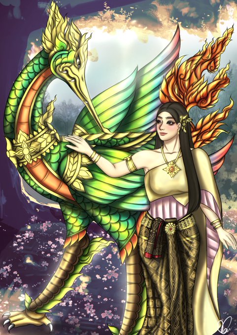 A colorful fantasy illustration depicting a woman in traditional dress standing next to a large green and gold dragon.