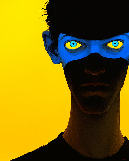 A stylized digital portrait of a dark-skinned figure with glowing yellow eyes and a blue mask or face paint covering the upper half of their face, set against a solid yellow background.