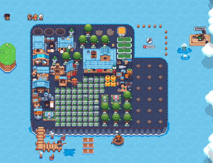 A pixel art screenshot of an island-based simulation or strategy game showing various buildings, trees, crops, and characters arranged on a landmass surrounded by water.