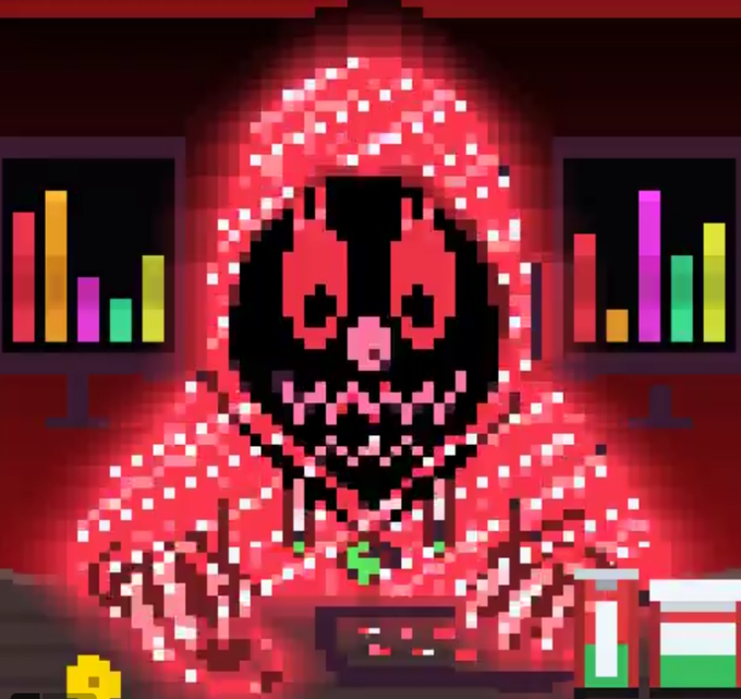 A pixelated, glitchy red-hooded skeleton figure with a menacing grin is displayed prominently, with red candlestick trading charts on monitors in the background and lab beakers containing green liquid in the foreground—visually tying into the post's "REKT tradoor" giveaway theme by blending crypto trading imagery with eerie, loss-evoking horror aesthetics.