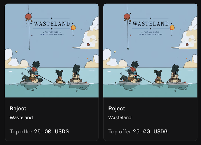 Two side-by-side NFT listings titled 'WASTELAND: A FANTASY WORLD OF REJECTED MONSTERS' display cartoon figures fishing from small boats on the sea, each with a 'Top offer 25.00 USDG' label.