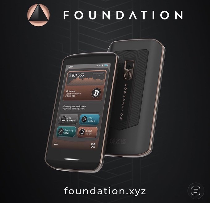 A product showcase for 'FOUNDATION' (foundation.xyz) featuring two hardware wallet devices resembling smartphones with rose gold trim, displaying a Bitcoin balance of $101,563 and apps for File Browser, 2FA Codes, Security Keys, and Seed Vault.
