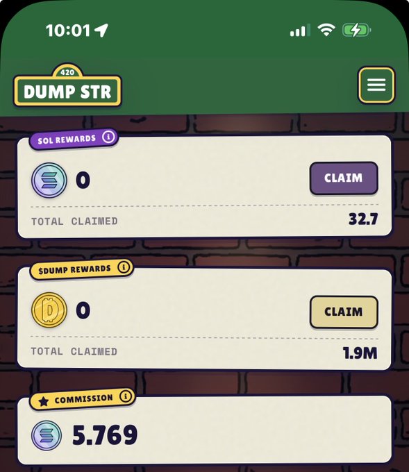 A rewards dashboard titled "DUMP STR" (level 420) showing 0 SOL rewards claimed (32.7 total), 0 $DUMP rewards claimed (1.9M total), and 5.769 commission, supporting the post's claim that "Captain Insano" has been making gains through the program.