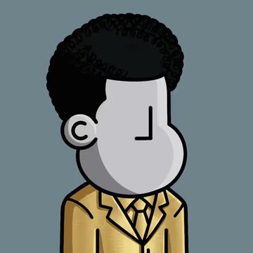 A cartoon-style illustration of a man with a large nose and curly black hair wearing a tan suit and tie.