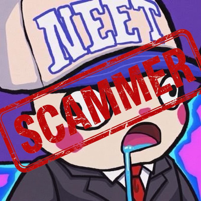 A cartoon image of a crying character wearing a 'THEFT' cap with drool coming from their mouth, overlaid with a large red 'SCAMMER' stamp.