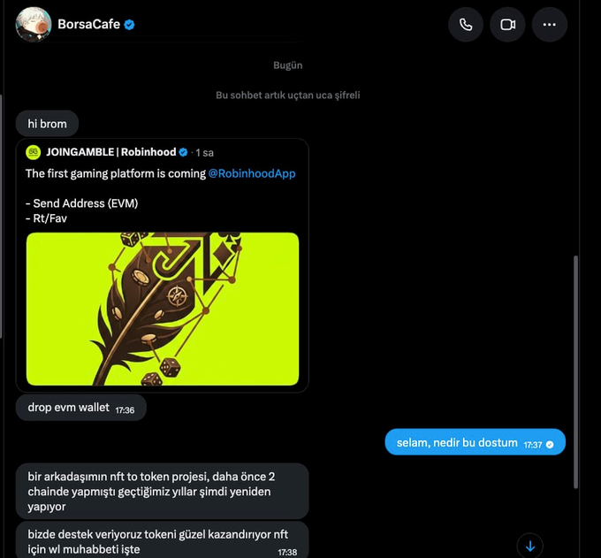 A screenshot of a Twitter/X DM conversation with "BorsaCafe" containing a message reading "hi brom" alongside a promotional post about a Robinhood gaming platform airdrop ("JOINingamble"), followed by responses like "drop evm wallet," "selam, nedir bu dostum," and promises of "wl muhabbet" for an NFT token project—all serving as evidence of the account's suspicious engagement tactics and airdrop promotion activity referenced in the warning post.