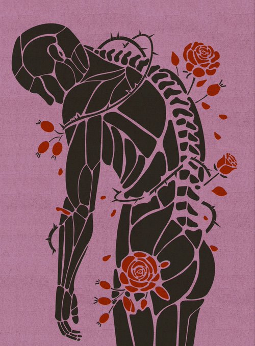 A stylized black silhouette illustration on a pink background depicting a thorny figure with roses and rose petals scattered throughout the composition.