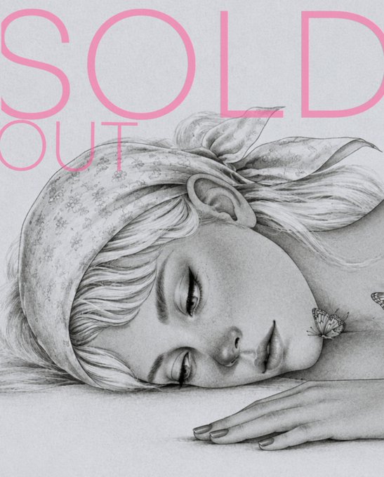 A black and white drawing shows a sleeping girl with a bow in her hair and a small butterfly near her face, with the pink text 'SOLD OUT' at the top.