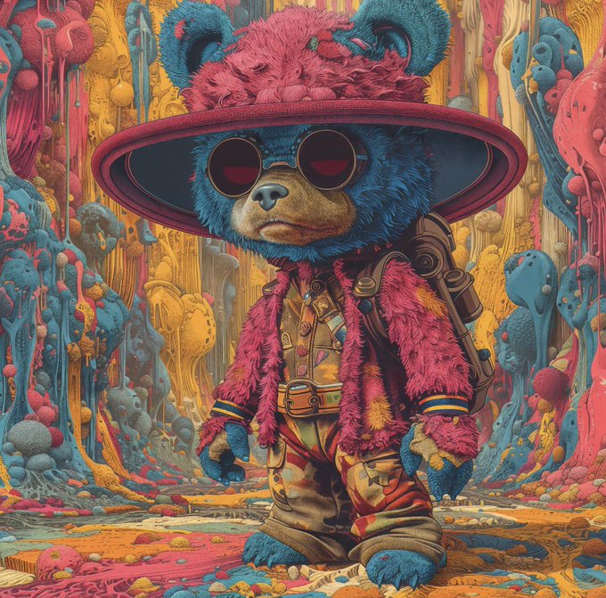 A vibrant AI-generated image of a blue teddy bear wearing a large pink fuzzy hat and sunglasses, dressed in a pink fur coat with a backpack, standing in a colorful, melting psychedelic landscape.
