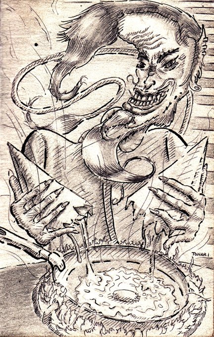 A black-and-white pen sketch depicts a demonic, grinning figure with long hair and clawed hands, holding open a sharp geometric box that reveals a steaming cauldron below; signed 'TONAR 1'.