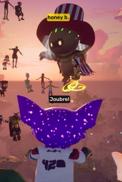 In-game screenshot from a Roblox-style game showing player avatars with usernames 'honey b.' and 'Joubrel' in a virtual environment.