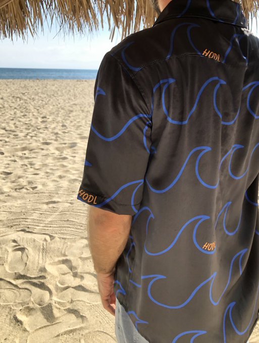 The image shows a man standing on a beach, wearing a black shirt with blue waves printed on it. He appears to be posing for the photo while enjoying his time at the beach. The background of the image features a sandy beach under an umbrella, which adds to the overall beachy atmosphere. The post caption reads "Always weekend vibes #BTCAloha", suggesting that the man is embracing a laid-back and carefree lifestyle during the weekends.