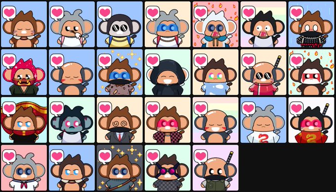 A grid of 24 cartoon monkey avatar stickers, each with a pink heart in the corner, featuring various costumes and expressions including ninjas, superheroes, and samurai.