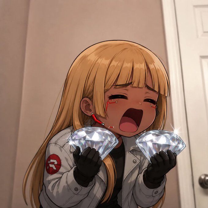 An anime-style illustration of a crying blonde girl holding two large sparkling diamonds, wearing a white jacket with a red 'R' logo patch.