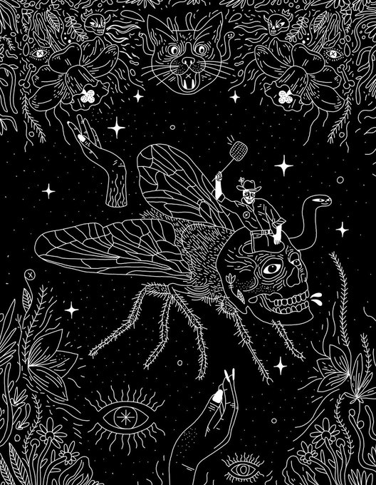 A black and white intricate line art illustration featuring a large fly, a cowboy riding it, a skull, disembodied hands, eyes, and decorative floral and feline border patterns.