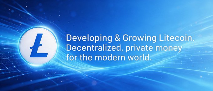 A blue promotional banner for Litecoin featuring the logo and the text 'Developing & Growing Litecoin. Decentralized, private money for the modern world.'