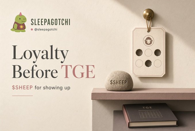 A promotional graphic for 'Sleepagotchi' (@sleepagotchi) featuring the text 'Loyalty Before TGE' and '$SHEEP for showing up', showing a sheep tag, a stone labeled '$SHEEP', and a TGE book on a shelf.
