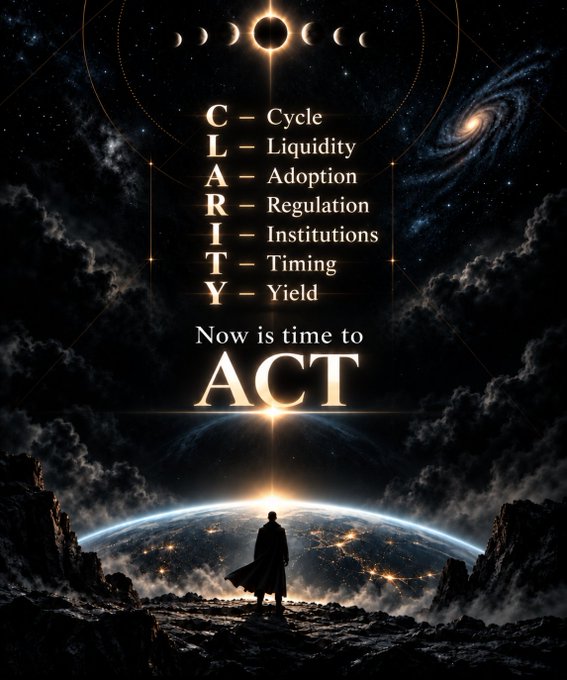 A cosmic-themed graphic displaying the acronym CLARITY (Cycle, Liquidity, Adoption, Regulation, Institutions, Timing, Yield) with the text 'Now is time to ACT' below a silhouette of a figure overlooking Earth.