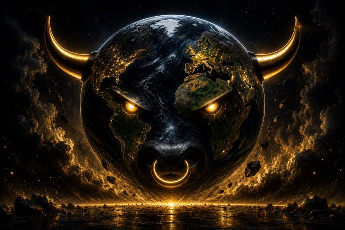 A dramatic digital artwork depicting Earth transformed into a bull's head with glowing golden horns and eyes, set against a dark cosmic background.