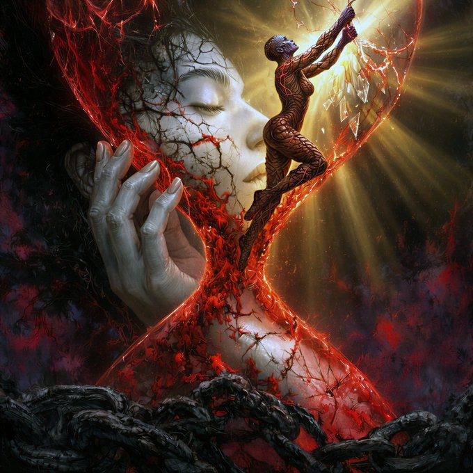 A dark, surreal digital artwork featuring a pale figure with cracked skin and closed eyes, alongside a smaller red figure holding a light source, framed by red energy tendrils and dark chains.