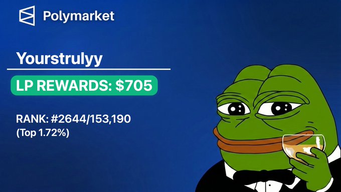A cartoon frog, wearing a suit and tie, sits next to an advertisement for Polymarket. The frog appears to be holding up a glass of wine with both hands while holding a letter. There is text around the frog and the letter that reads "Just crossed $700 in LP rewards on @POLYmarket! What'S even crazier? A few weeks ago, I had no idea how LP rewards even worked. I'm now sitting in the TOP 2% of all liquidity providers. Now I've to cross $1,000 in LP rewards ASAP."
