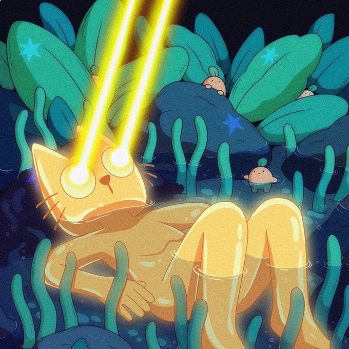 A colorful cartoon illustration of an orange cat with glowing yellow laser eyes floating or swimming underwater among blue plants and small pink creatures.