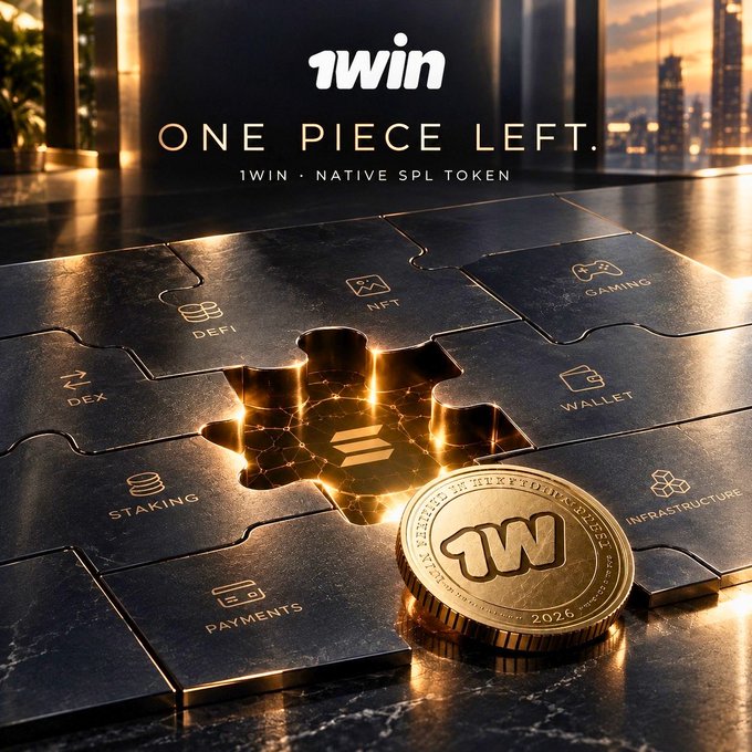 The image showcases a sleek, golden "1WIN" branded coin alongside a puzzle-piece layout featuring ecosystem categories like NFT, DEX, Wallet, Gaming, DeFi, Staking, Payments, and Infrastructure, with the headline "ONE PIECE LEFT" and "1WIN · NATIVE SPL TOKEN." This visually represents the post's message about 1win expanding into the Solana ecosystem as a native SPL token, with the missing puzzle piece symbolizing the final integration needed to complete the foundation of new blockchain possibilities.