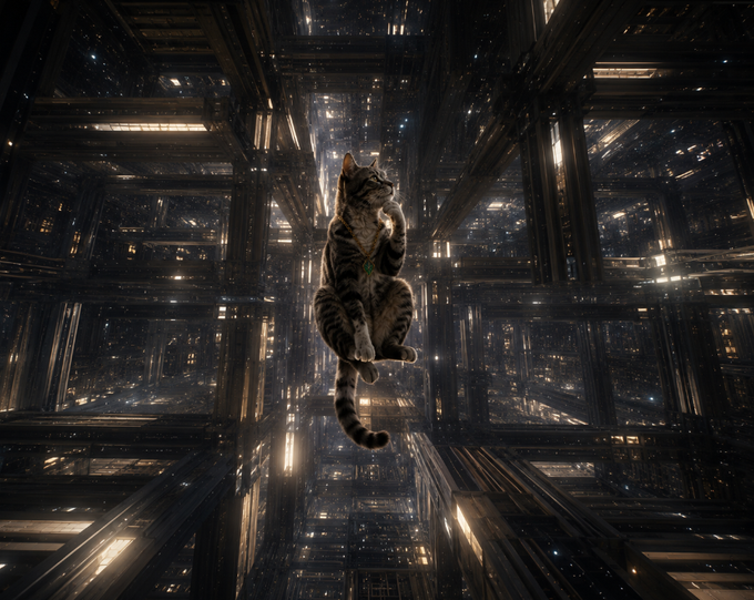 A tabby cat floats weightlessly at the center of an infinite, hyper-dimensional metallic corridor lit by glowing city-like lights, perfectly embodying the surreal "Thinking Cat" meme token. It visually captures the post's story of a simple test launch by developer @gornx0x spiraling into a viral, cosmic Robinhood meme moment.