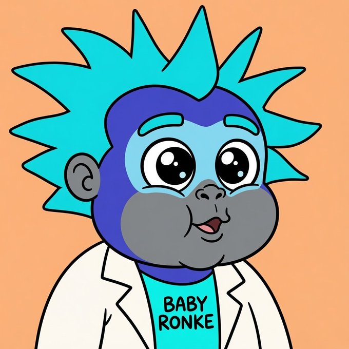 A cartoon illustration labeled 'BABY RONKE' featuring a blue monkey with spiky cyan hair wearing a white lab coat against an orange background.