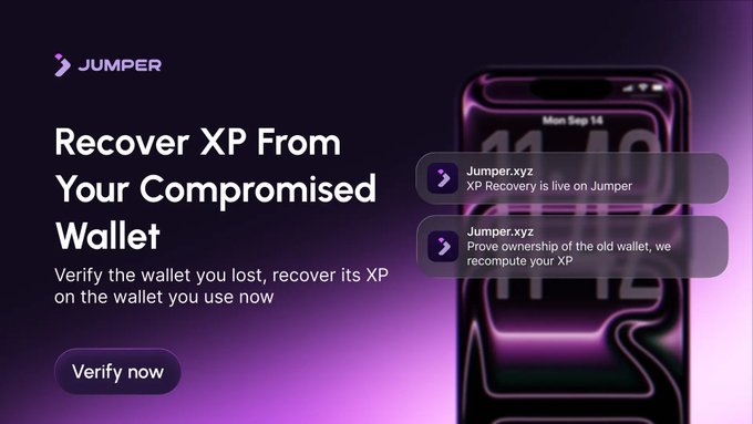 A purple promotional banner for 'JUMPER' advertises 'Recover XP From Your Compromised Wallet', with a 'Verify now' button and a phone displaying 'Jumper.xyz XP Recovery is live on Jumper' and 'Jumper.xyz Prove ownership of the old wallet, we recompile your XP' messages.