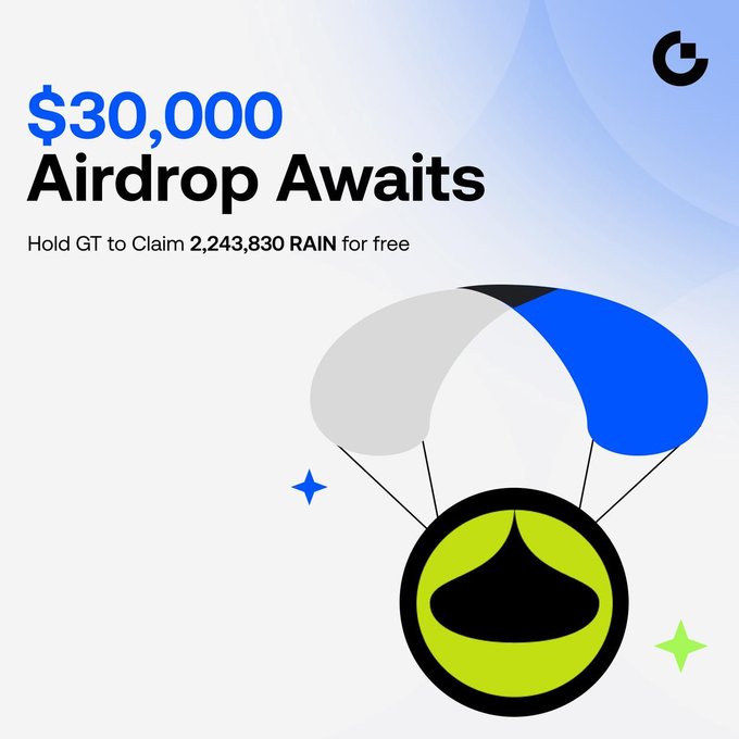 The image features a white background with the text "HODLer Airdrop Only 5 Hours Left! @RainProtocol Hold 1 $GT to Claim 2,243,830 Rain for Free!" above an illustration of a blue parachute. The image also contains a green circle and three stars at the top and bottom corners.