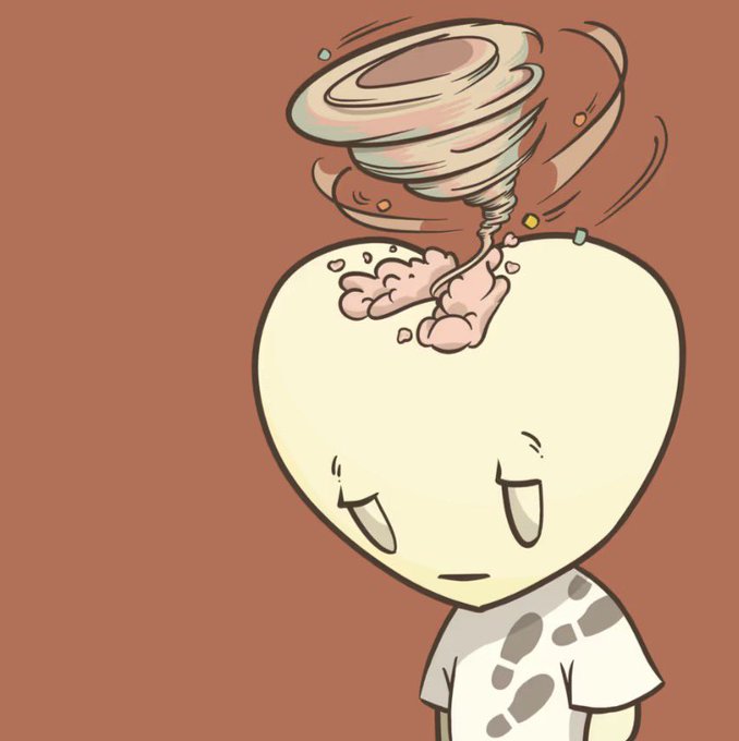 A cartoon illustration of a character with a swirling, tornado-like hairdo with exposed brain matter, wearing a patterned shirt, against a brown background.