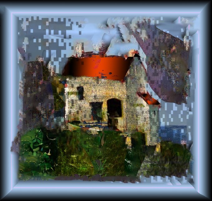 A pixelated, glitch-art style image of a stone house with an orange roof and surrounding greenery, displayed within a silver picture frame.