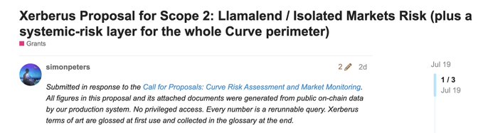 A forum post titled 'Xerberus Proposal for Scope 2: Llamalend / Isolated Markets Risk' by user 'simonpeters' submitted to the Curve Risk Assessment and Market Monitoring call for proposals.