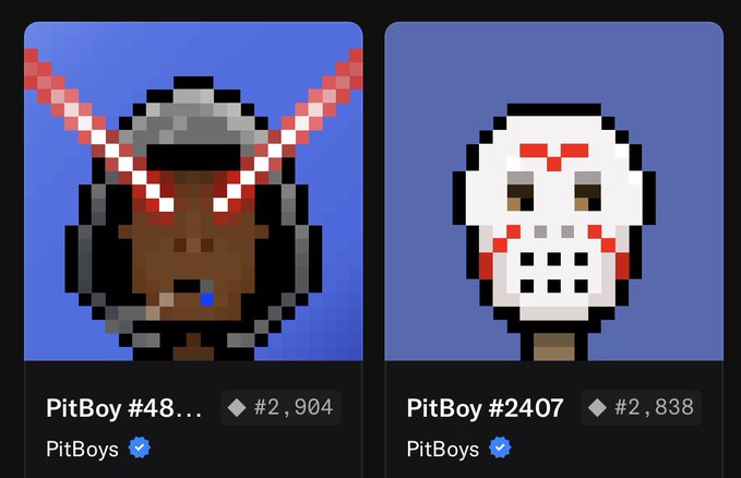 The image displays two pixel-art NFT collectibles from the "PitBoys" collection—"PitBoy #48..." priced at #2,904 and "PitBoy #2407" priced at #2,838. The post references the user's activated PitBoys NFTs earning $26 in passive income over 24 hours from assets like NVIDIA and Silver, showcasing the returns these digital collectibles have generated.