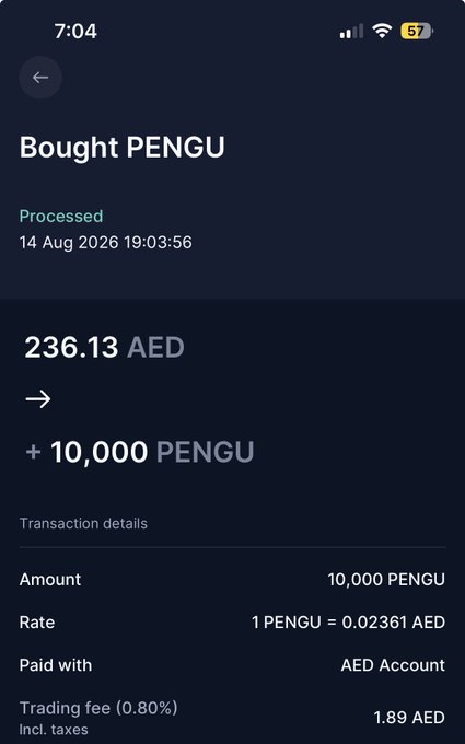A mobile phone screenshot displays a completed transaction to 'Bought PENGU' for 236.13 AED, with a rate of 1 PENGU = 0.02361 AED, dated 14 Aug 2026.