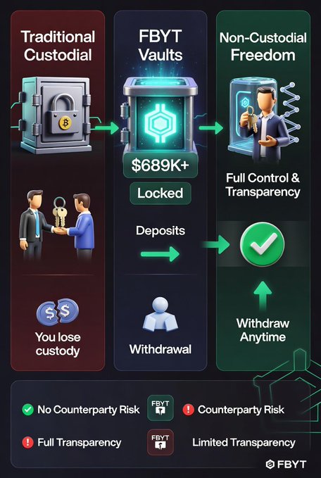 A comparison infographic showing the evolution from Traditional Custodial platforms (where you lose custody) to FBYT Vaults (showing $689K+ Locked) to Non-Custodial Freedom with full control, transparency, and anytime withdrawal. The image reinforces the post's message by visually highlighting FBYT's benefits of no counterparty risk, full transparency, and user-controlled withdrawals versus traditional custodial risks.