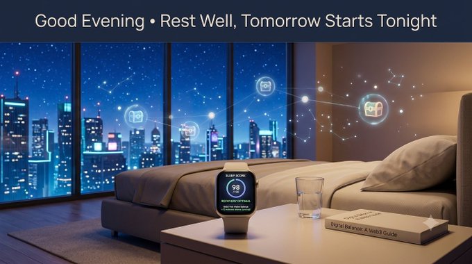 A promotional banner reading 'Good Evening • Rest Well, Tomorrow Starts Tonight' showing a smartwatch displaying a sleep score of '98' next to a 'Digital Balance: A Watch Guide' on a nightstand, with a nighttime cityscape behind glass.