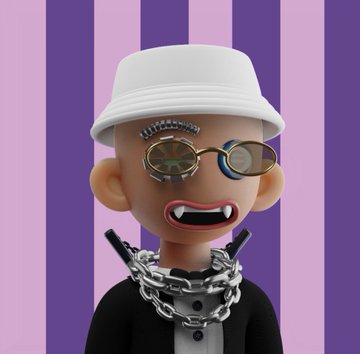 A 3D-rendered cartoon avatar wearing a white bucket hat, round sunglasses, and silver chains stands against a purple striped background.
