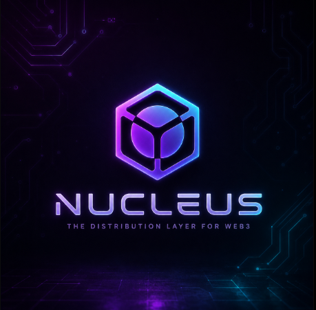 A logo for Nucleus, a "Web3 distribution layer," displayed in glowing purple against a dark circuit-board background. The image aligns with the post's theme of long-term reputation in Web3, as Nucleus represents the technological infrastructure for that shift.