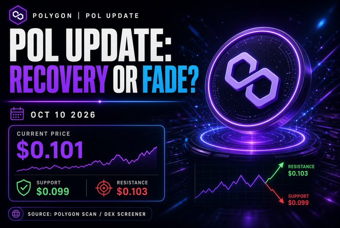 A digital graphic titled 'POLYGON | POL UPDATE: RECOVERY OR FADE?' dated 'OCT 10 2026' displays a POL token logo, a current price of '$0.101', and charts indicating support at '$0.099' and resistance at '$0.103'.