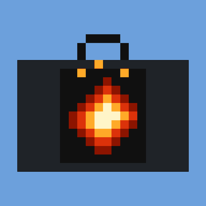 A pixel art briefcase with a fiery explosion bursting from its center, symbolizing the burning of 15M $STONKBROKER tokens worth $60K to activate Partner-tier broker status and unlock 1.7% revenue share from real stock trades on the Stonk Exchange.